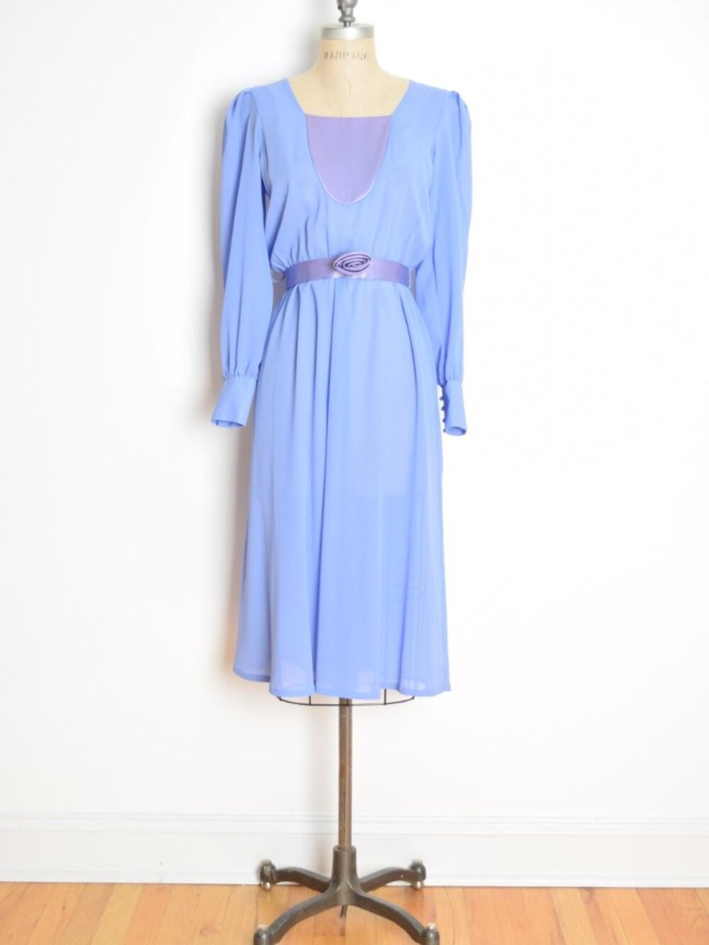 vintage 80s dress purple chiffon satin disco secretary belted midi Ursula S 7/8